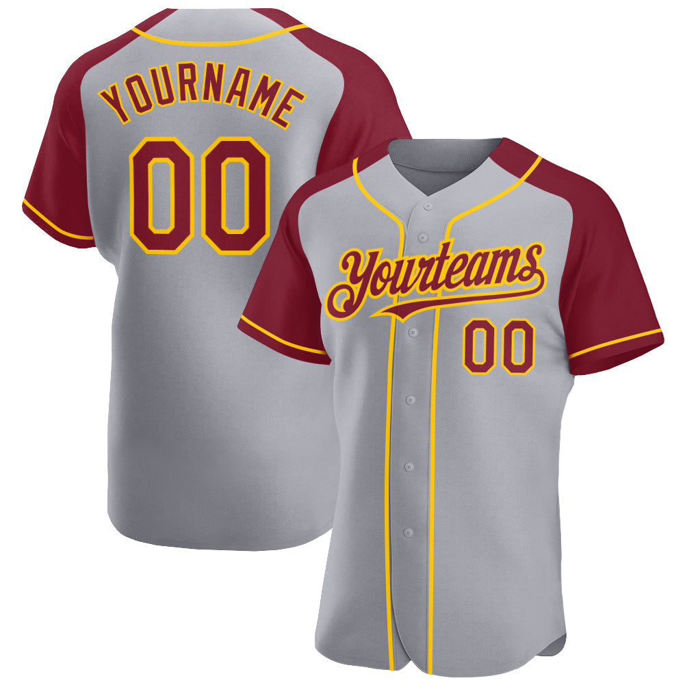 Custom Gray Crimson-Yellow Authentic Raglan Sleeves Baseball Jersey baseball jersey product view 1