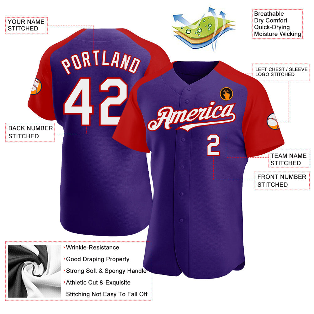 Custom Purple White-Red Authentic Raglan Sleeves Baseball Jersey baseball jersey product view 3