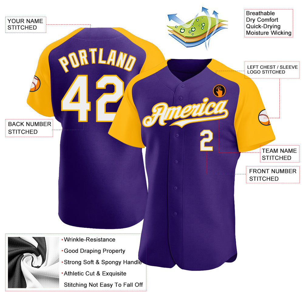 Custom Purple White-Gold Authentic Raglan Sleeves Baseball Jersey baseball jersey product view 3