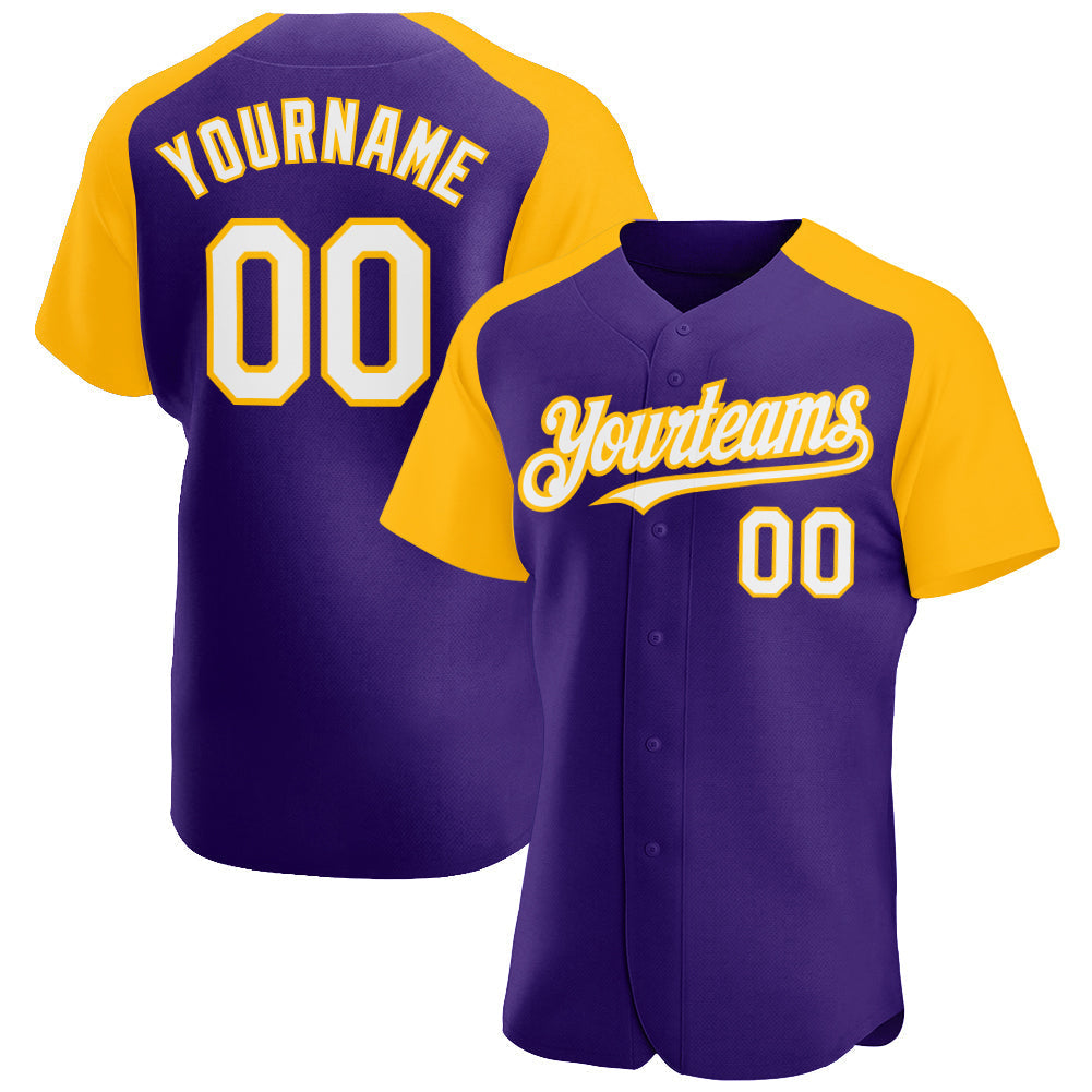 Custom Purple White-Gold Authentic Raglan Sleeves Baseball Jersey baseball jersey product view 1