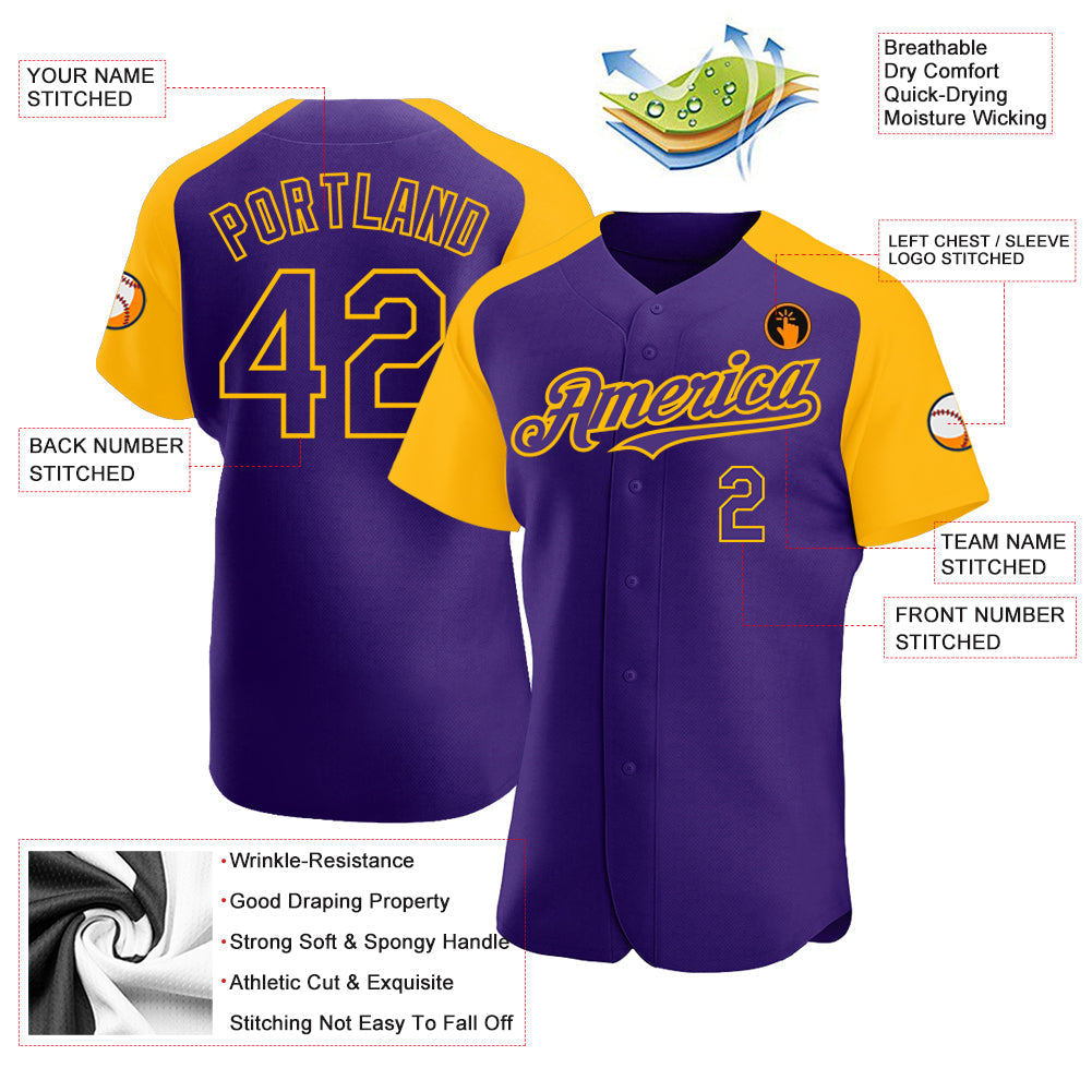 Custom Purple Gold Authentic Raglan Sleeves Baseball Jersey baseball jersey product view 3