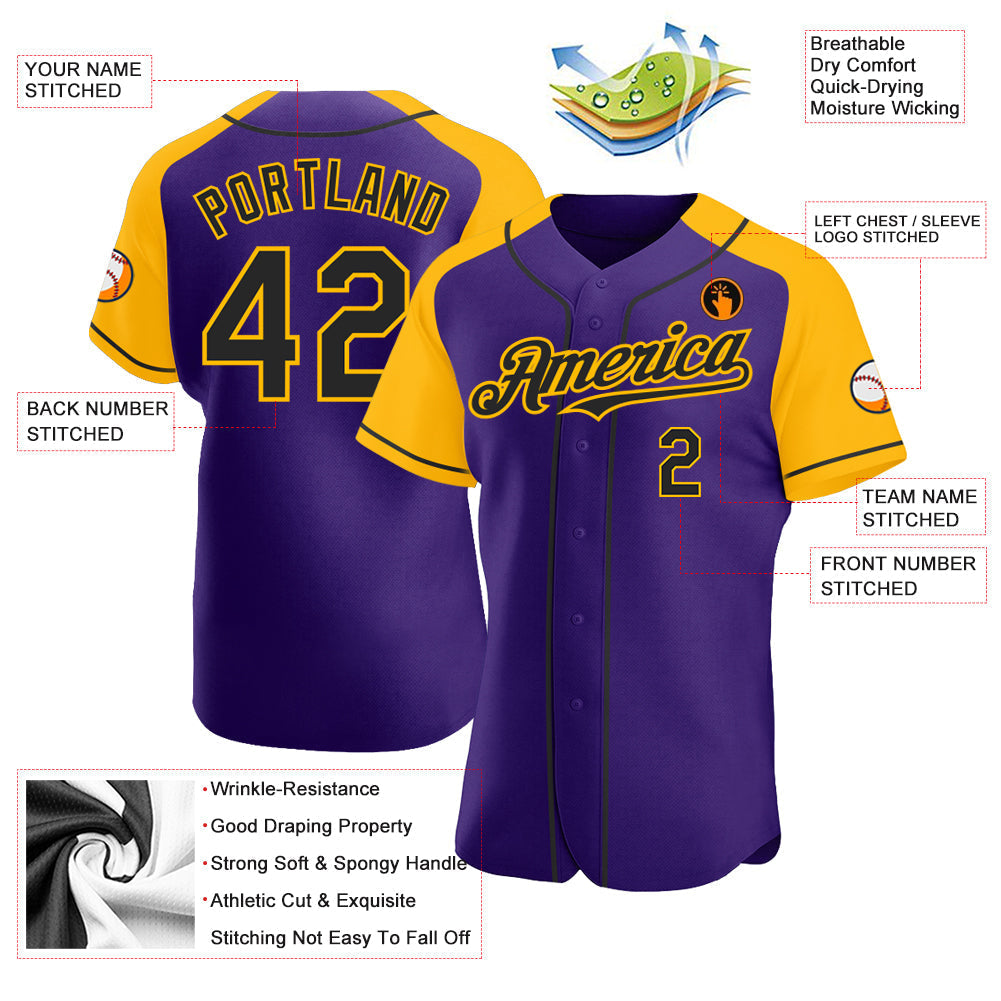 Custom Purple Black-Gold Authentic Raglan Sleeves Baseball Jersey baseball jersey product view 3