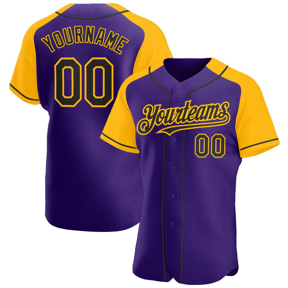 Custom Purple Black-Gold Authentic Raglan Sleeves Baseball Jersey baseball jersey product view 1