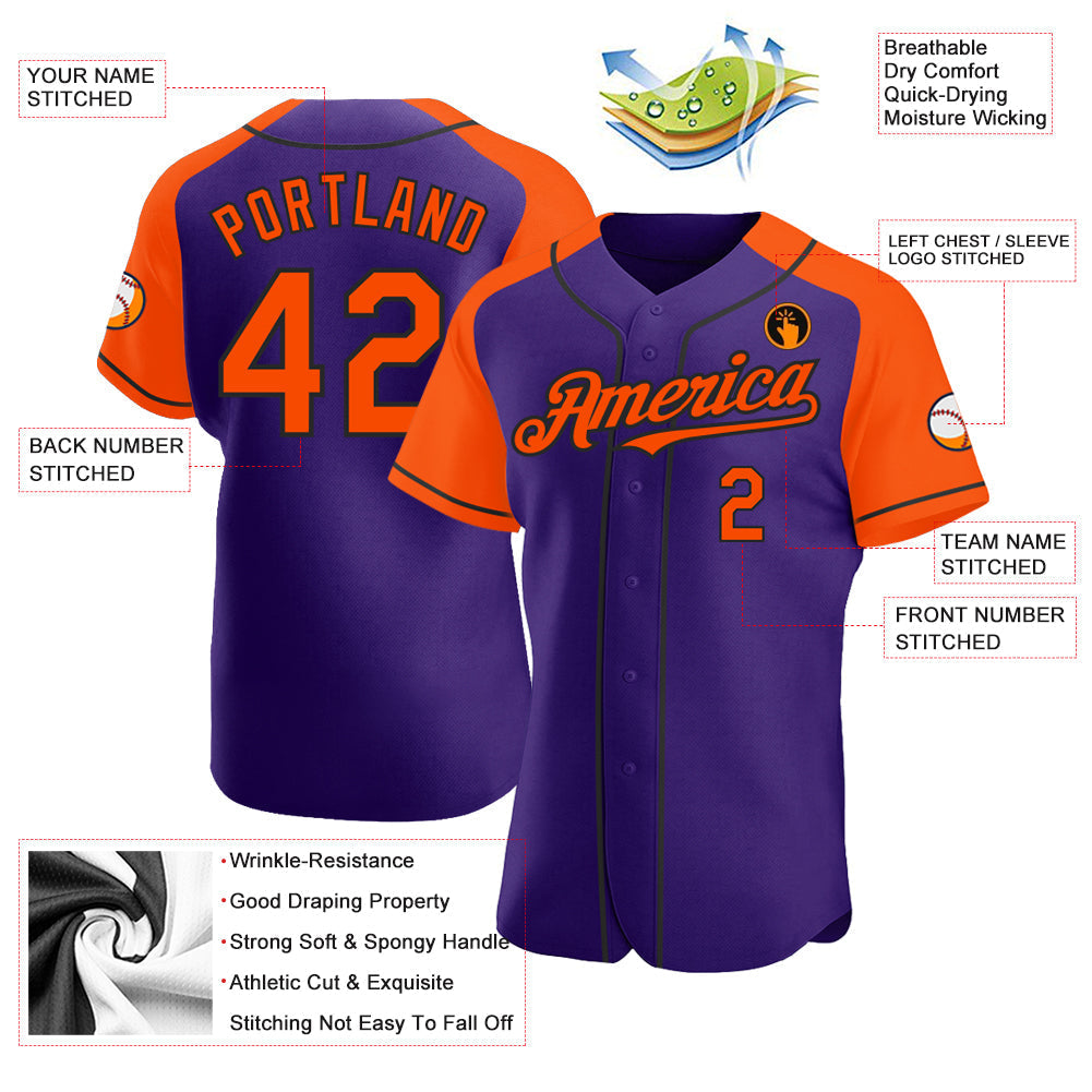 Custom Purple Orange-Black Authentic Raglan Sleeves Baseball Jersey baseball jersey product view 3
