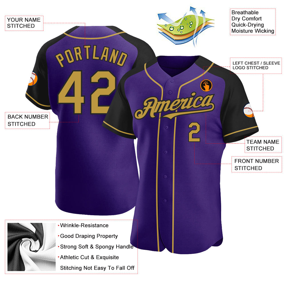 Custom Purple Old Gold-Black Authentic Raglan Sleeves Baseball Jersey baseball jersey product view 3