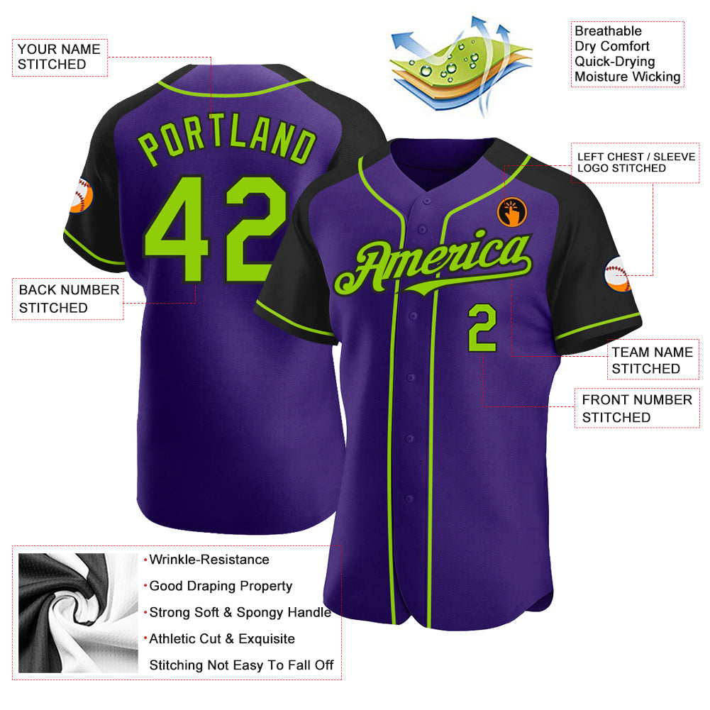 Custom Purple Neon Green-Black Authentic Raglan Sleeves Baseball Jersey baseball jersey product view 3