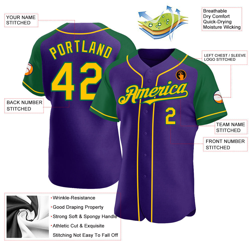 Custom Purple Yellow-Kelly Green Authentic Raglan Sleeves Baseball Jersey baseball jersey product view 3
