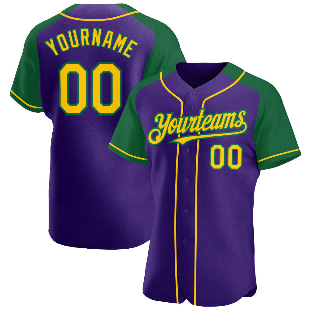 Custom Purple Yellow-Kelly Green Authentic Raglan Sleeves Baseball Jersey baseball jersey product view 1