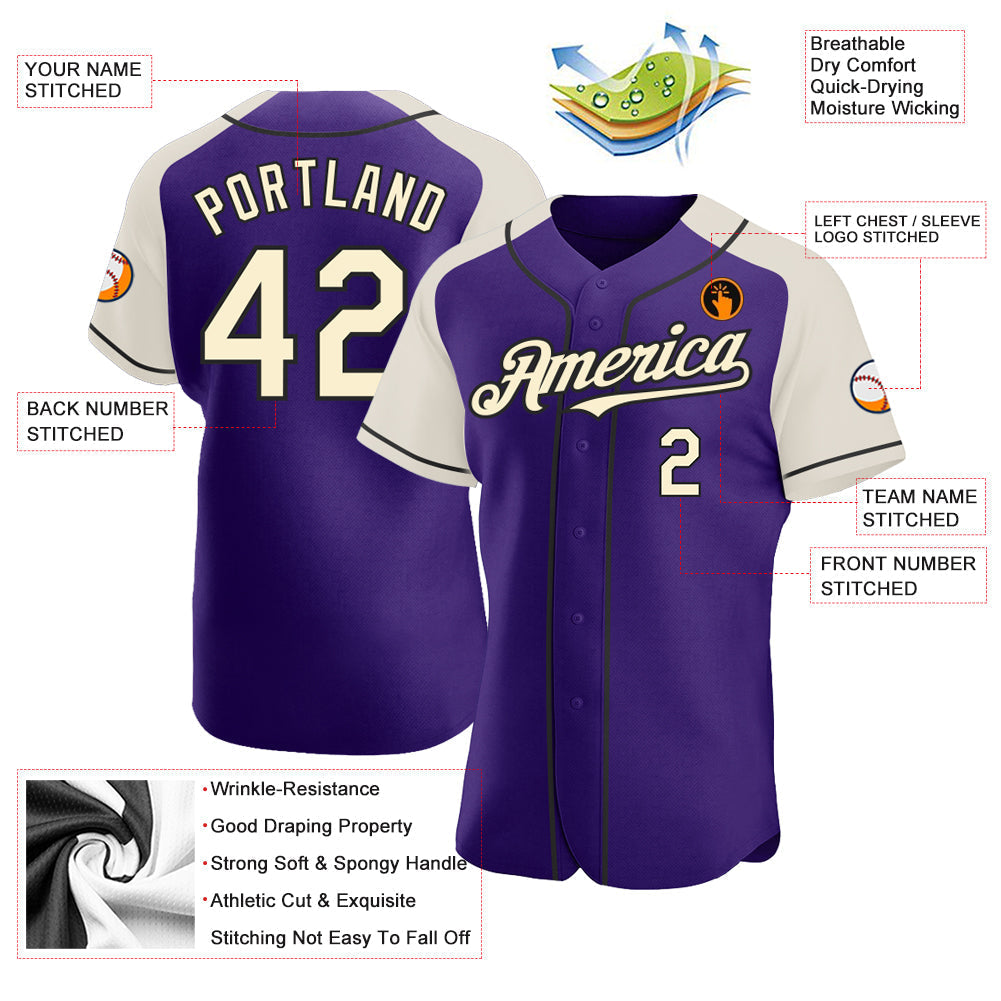 Custom Purple Cream-Black Authentic Raglan Sleeves Baseball Jersey baseball jersey product view 3