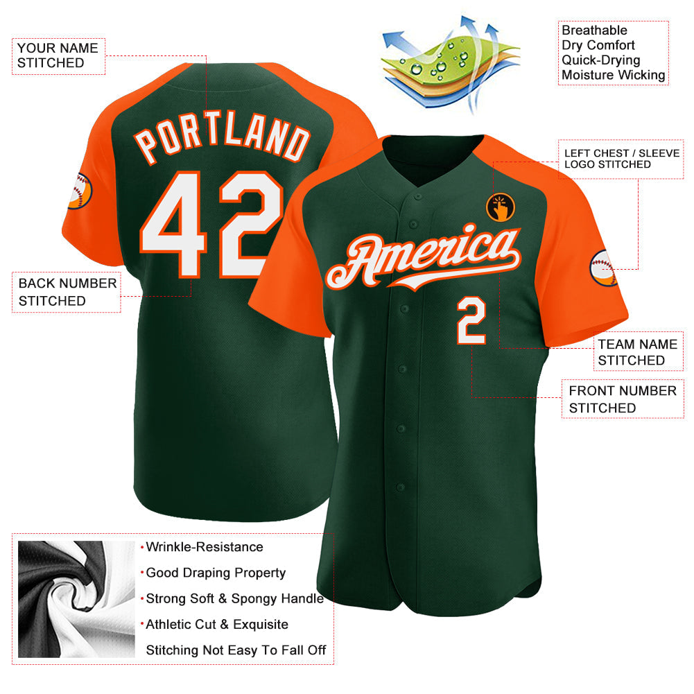 Custom Green White-Orange Authentic Raglan Sleeves Baseball Jersey baseball jersey product view 3