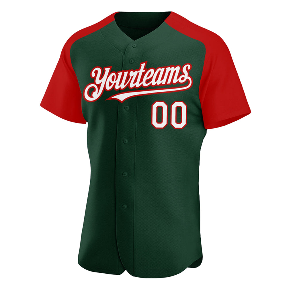Custom Green White-Red Authentic Raglan Sleeves Baseball Jersey baseball jersey product view 2