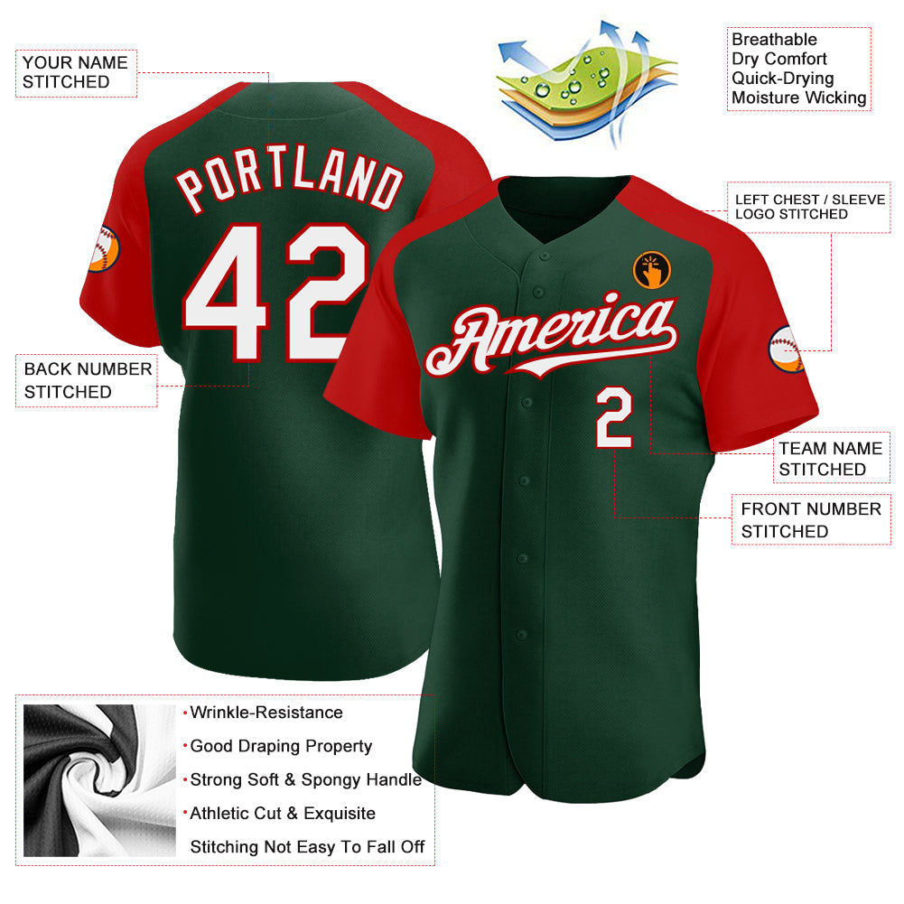 Custom Green White-Red Authentic Raglan Sleeves Baseball Jersey baseball jersey product view 3