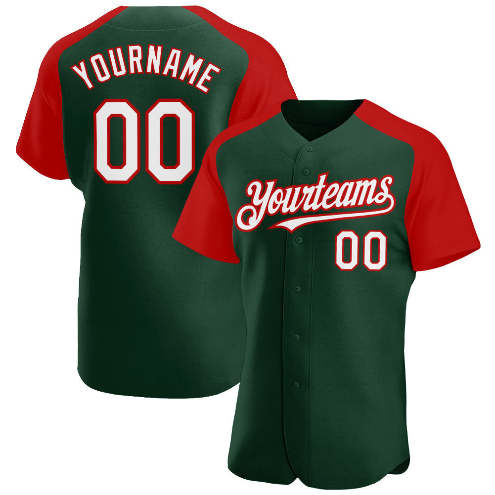 Custom Green White-Red Authentic Raglan Sleeves Baseball Jersey baseball jersey product view 1