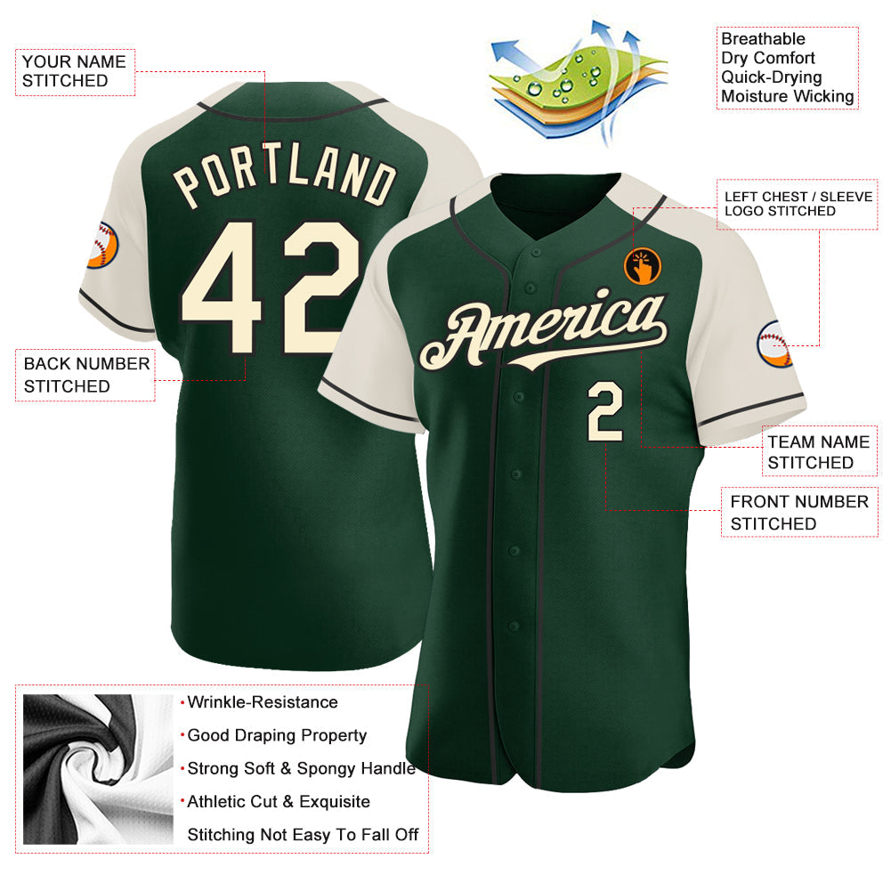 Custom Green Cream-Black Authentic Raglan Sleeves Baseball Jersey baseball jersey product view 3