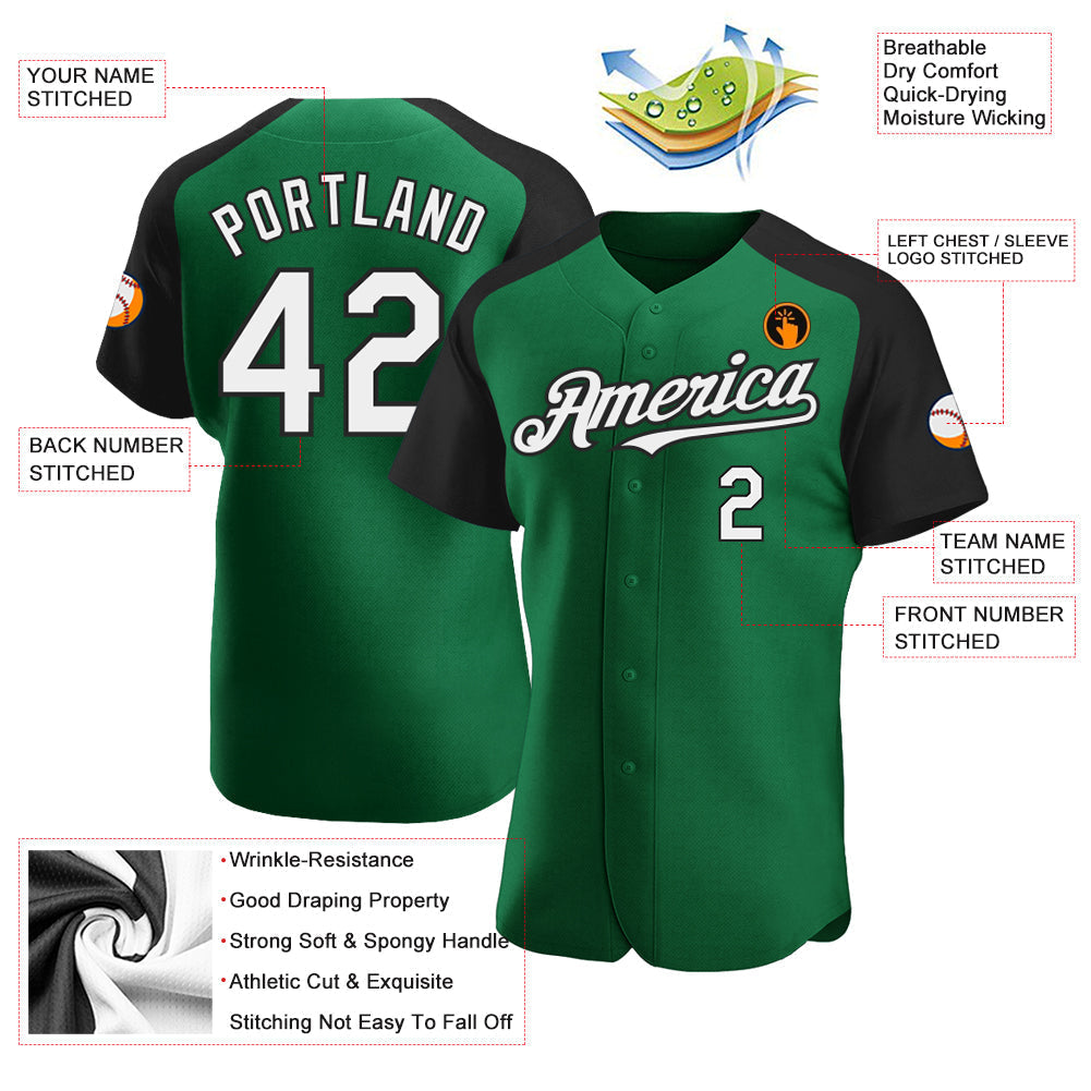 Custom Kelly Green White-Black Authentic Raglan Sleeves Baseball Jersey baseball jersey product view 3