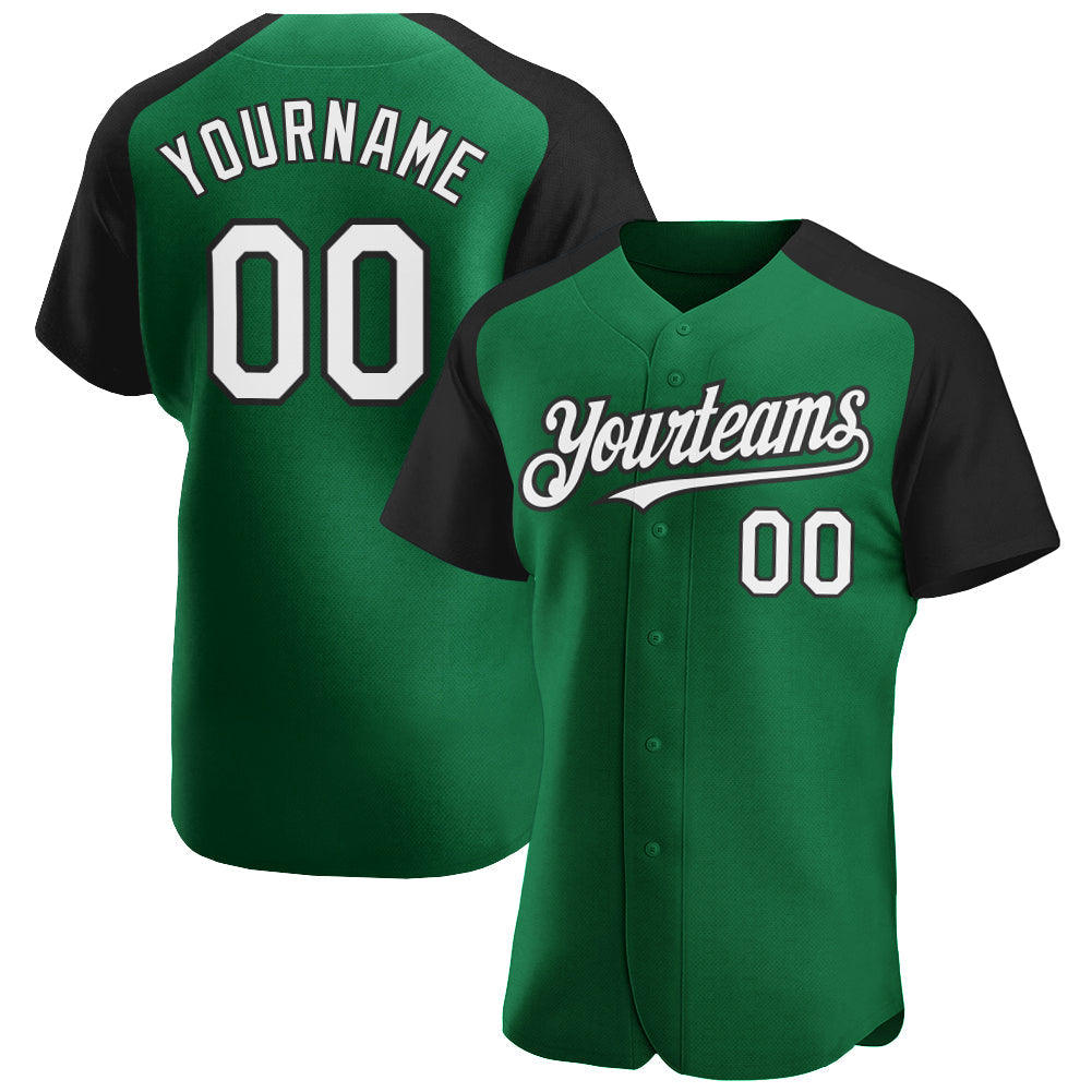 Custom Kelly Green White-Black Authentic Raglan Sleeves Baseball Jersey baseball jersey product view 1
