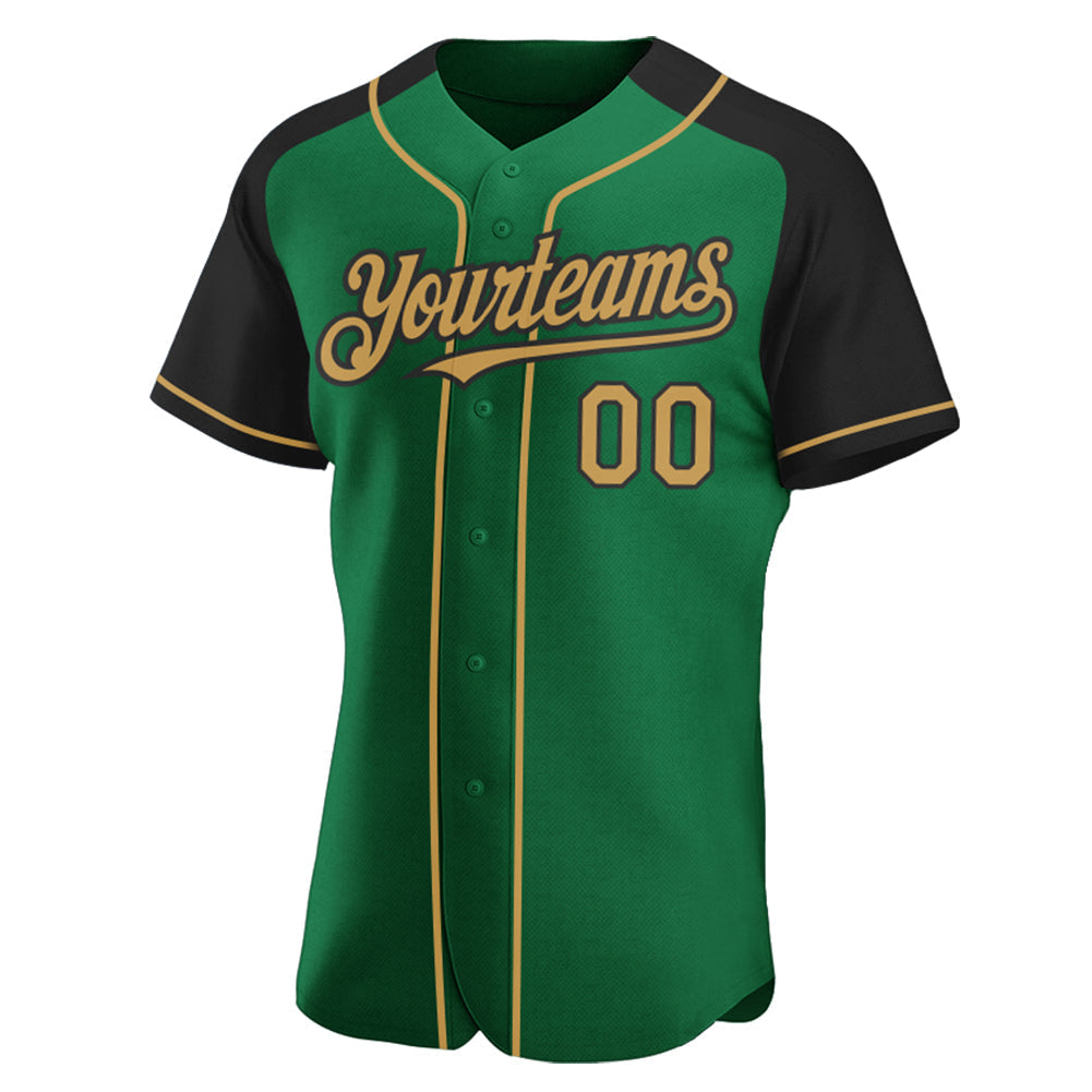 Custom Kelly Green Old Gold-Black Authentic Raglan Sleeves Baseball Jersey baseball jersey product view 2