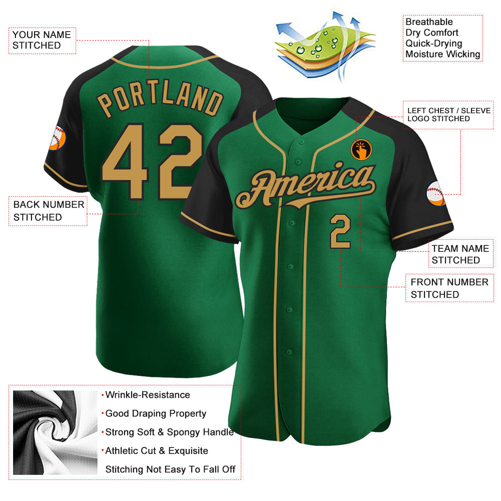 Custom Kelly Green Old Gold-Black Authentic Raglan Sleeves Baseball Jersey baseball jersey product view 3