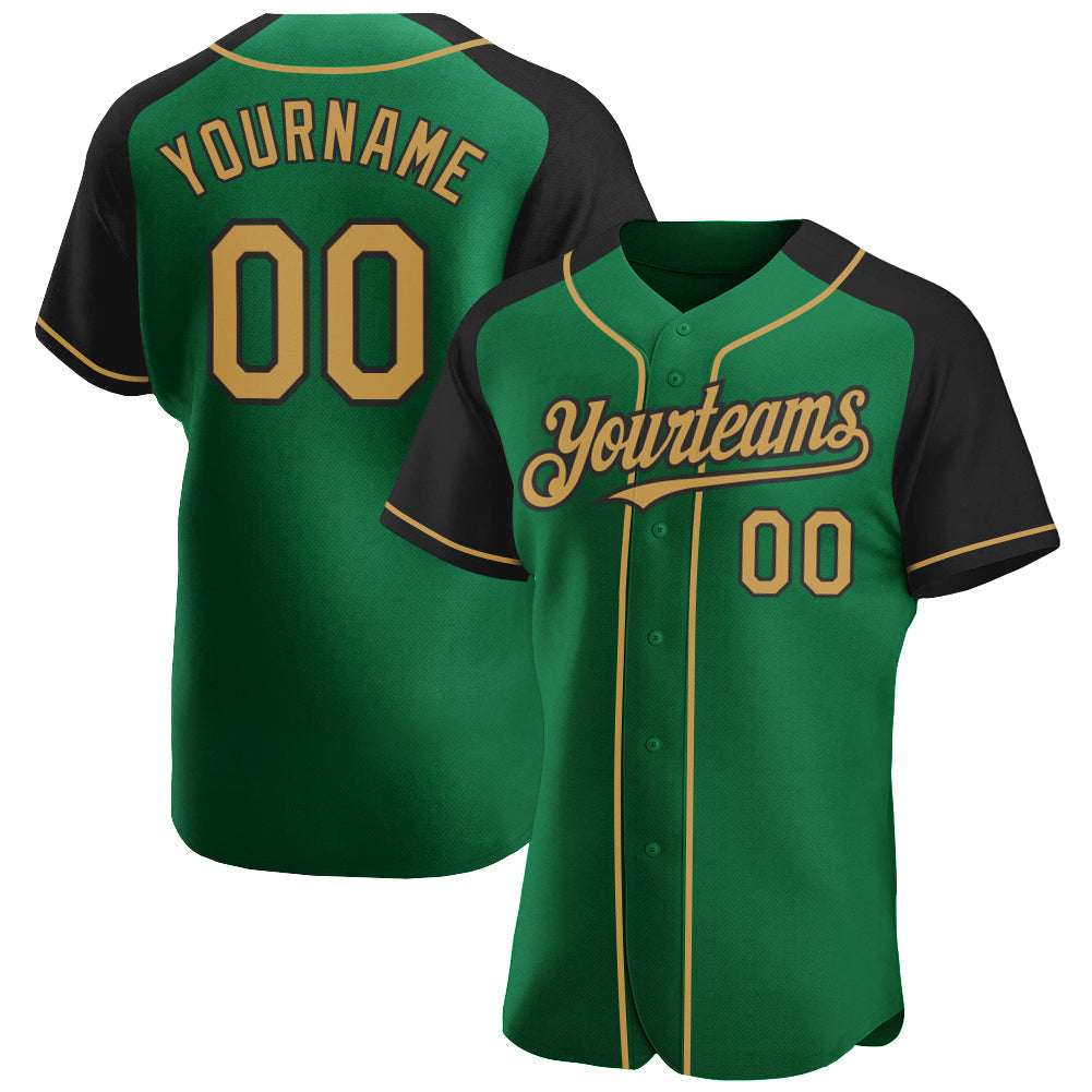 Custom Kelly Green Old Gold-Black Authentic Raglan Sleeves Baseball Jersey baseball jersey product view 1