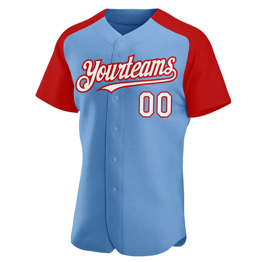 Custom Light Blue White-Red Authentic Raglan Sleeves Baseball Jersey baseball jersey product view 2
