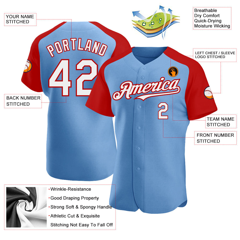 Custom Light Blue White-Red Authentic Raglan Sleeves Baseball Jersey baseball jersey product view 3