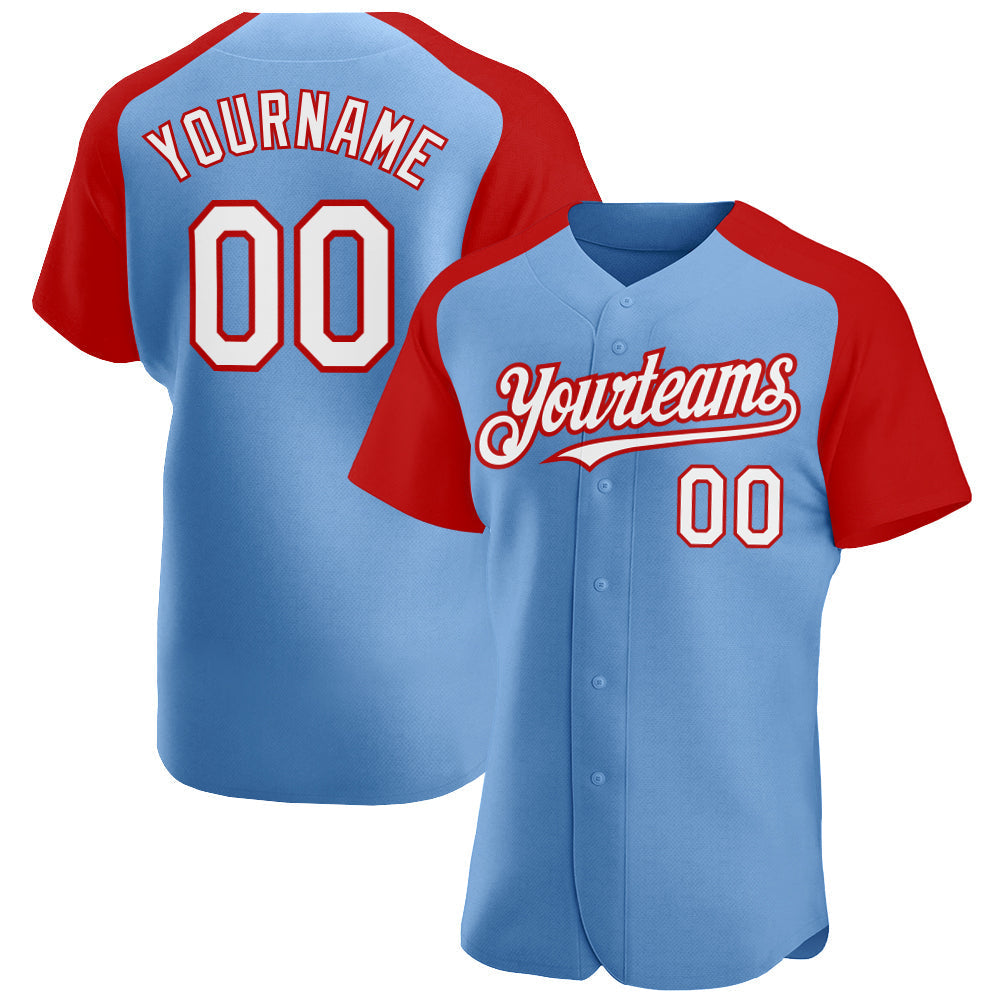 Custom Light Blue White-Red Authentic Raglan Sleeves Baseball Jersey baseball jersey product view 1