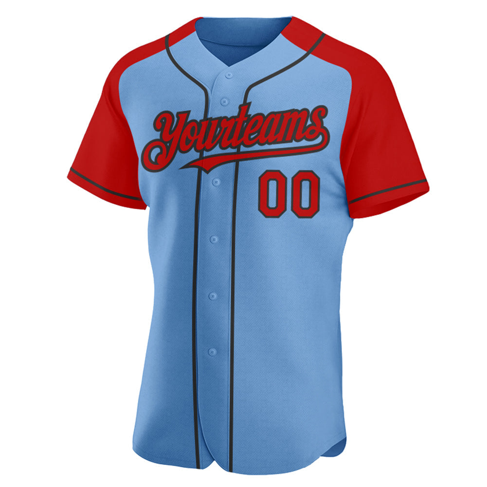 Custom Light Blue Red-Black Authentic Raglan Sleeves Baseball Jersey baseball jersey product view 2