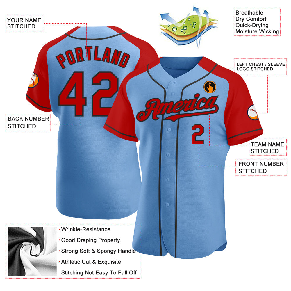 Custom Light Blue Red-Black Authentic Raglan Sleeves Baseball Jersey baseball jersey product view 3