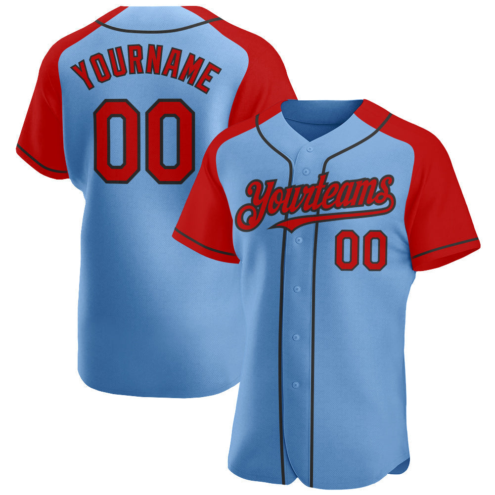 Custom Light Blue Red-Black Authentic Raglan Sleeves Baseball Jersey baseball jersey product view 1