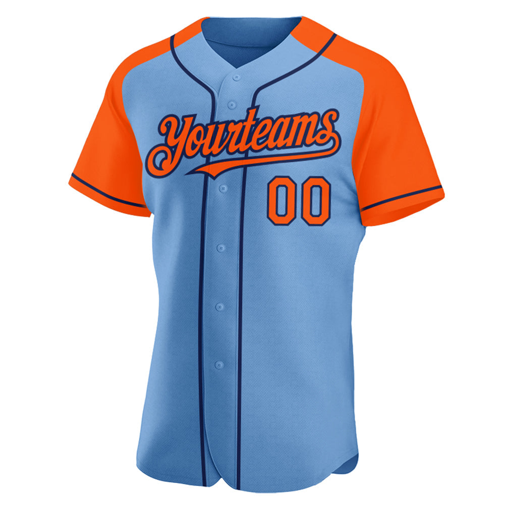 Custom Light Blue Orange-Navy Authentic Raglan Sleeves Baseball Jersey baseball jersey product view 2