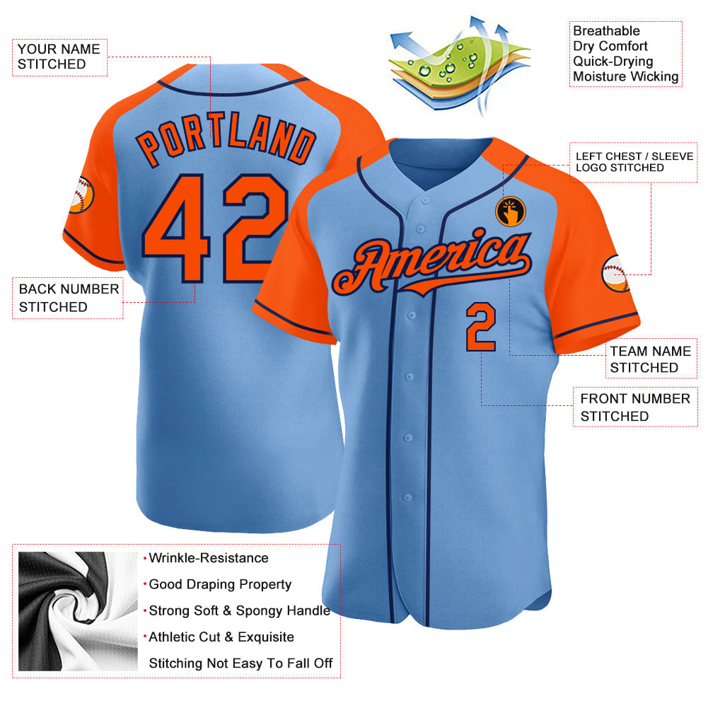 Custom Light Blue Orange-Navy Authentic Raglan Sleeves Baseball Jersey baseball jersey product view 3