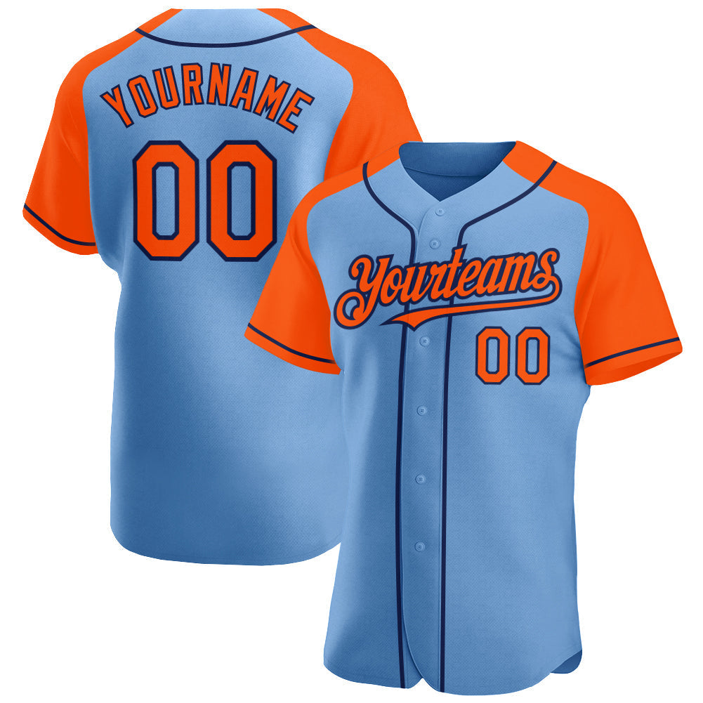 Custom Light Blue Orange-Navy Authentic Raglan Sleeves Baseball Jersey baseball jersey product view 1