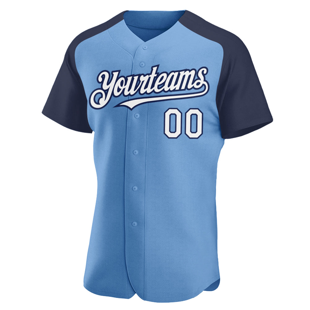 Custom Light Blue White-Navy Authentic Raglan Sleeves Baseball Jersey baseball jersey product view 2