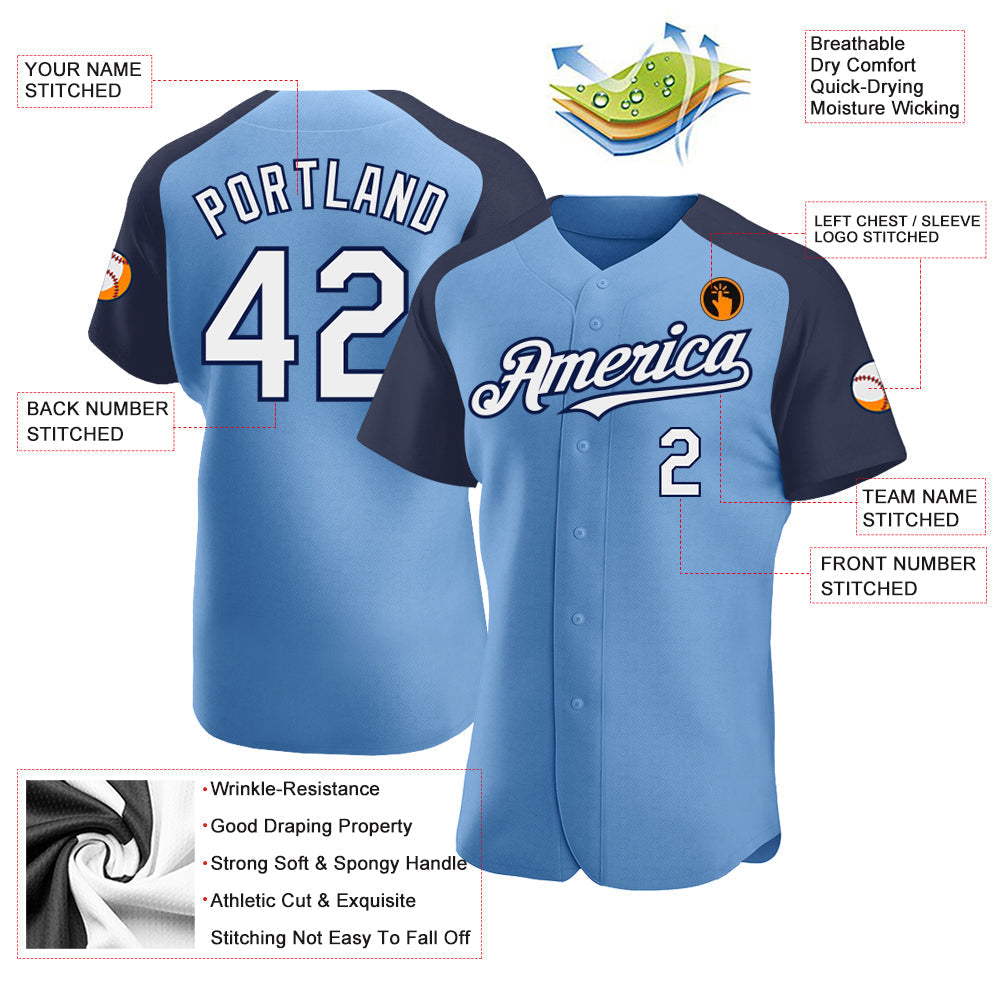Custom Light Blue White-Navy Authentic Raglan Sleeves Baseball Jersey baseball jersey product view 3