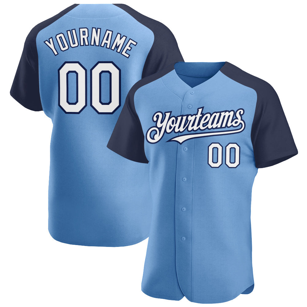 Custom Light Blue White-Navy Authentic Raglan Sleeves Baseball Jersey baseball jersey product view 1