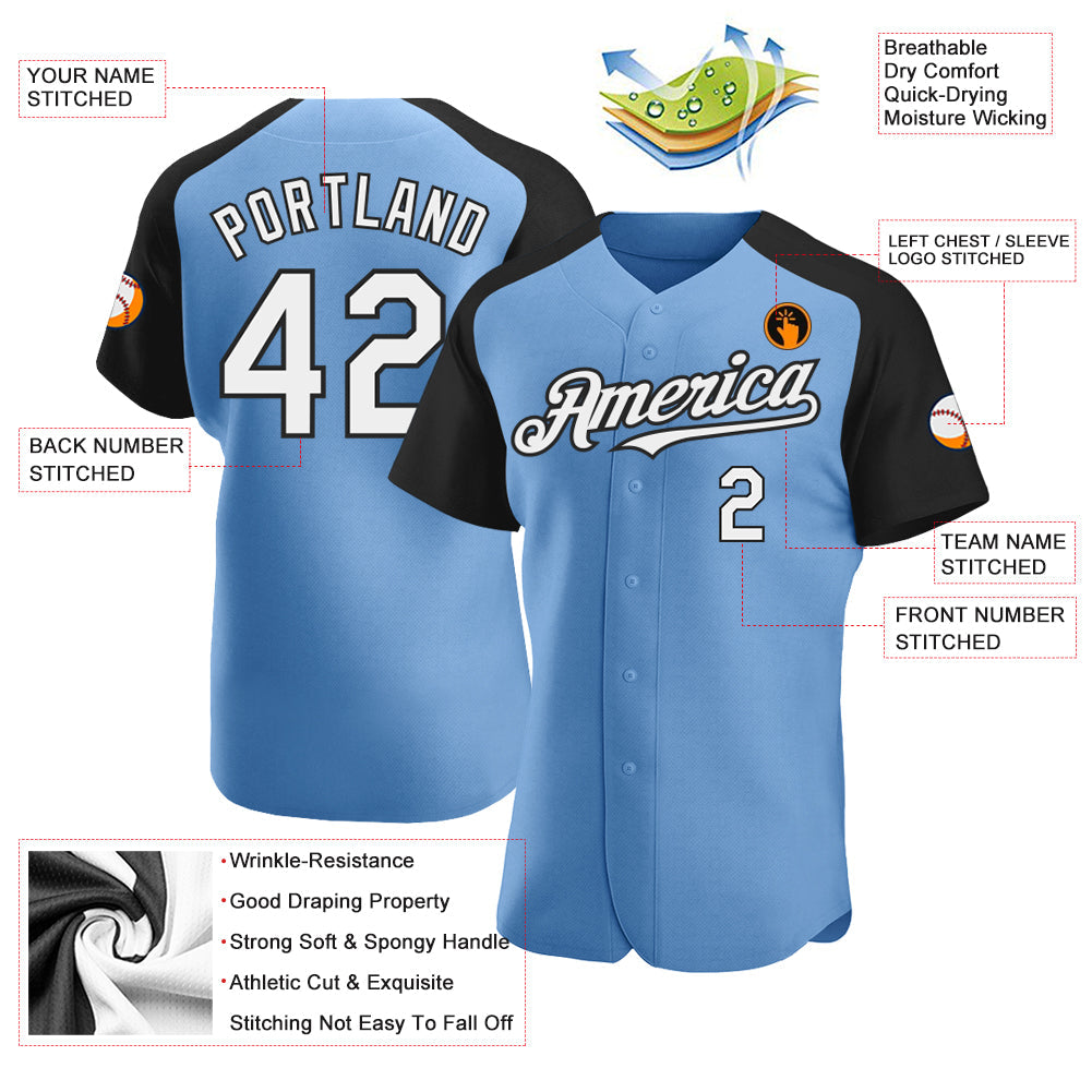 Custom Light Blue White-Black Authentic Raglan Sleeves Baseball Jersey baseball jersey product view 3
