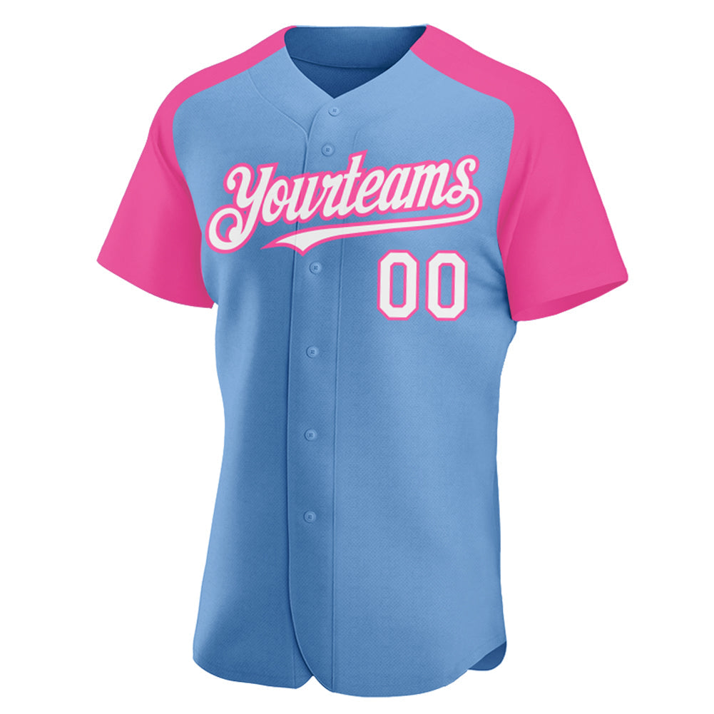 Custom Light Blue White-Pink Authentic Raglan Sleeves Baseball Jersey baseball jersey product view 2