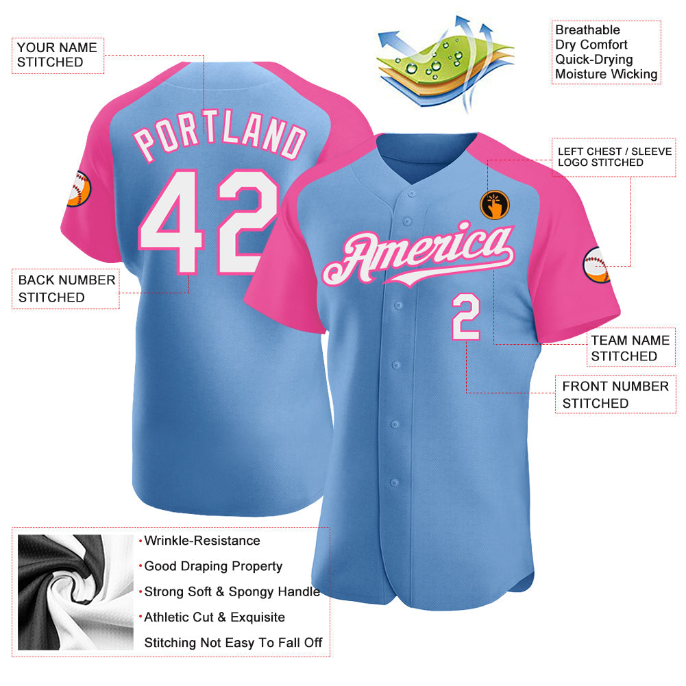 Custom Light Blue White-Pink Authentic Raglan Sleeves Baseball Jersey baseball jersey product view 3