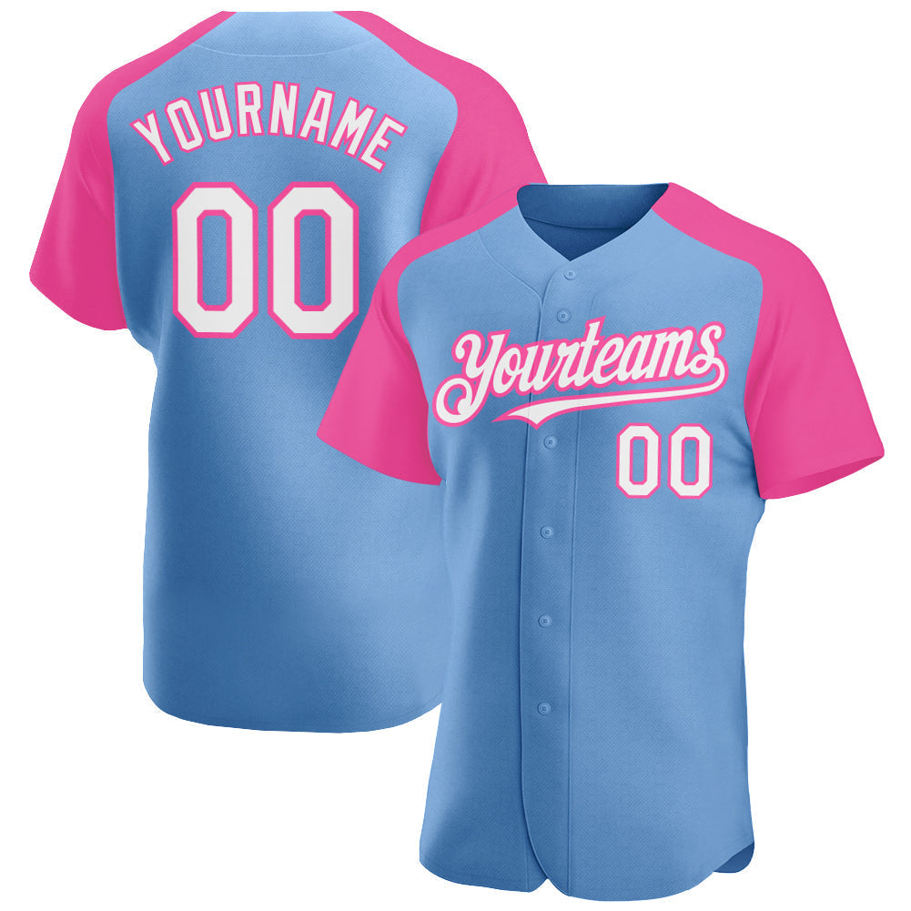 Custom Light Blue White-Pink Authentic Raglan Sleeves Baseball Jersey baseball jersey product view 1