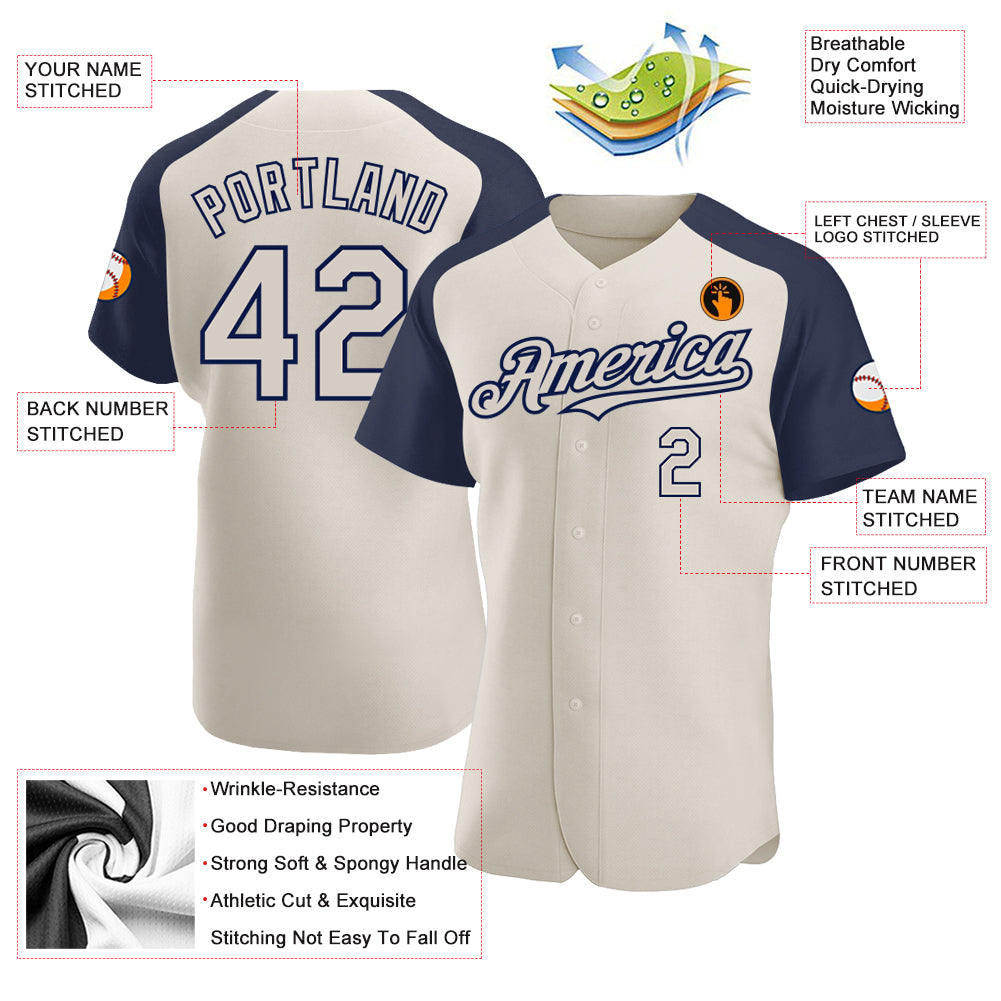 Custom Cream Navy Authentic Raglan Sleeves Baseball Jersey baseball jersey product view 3