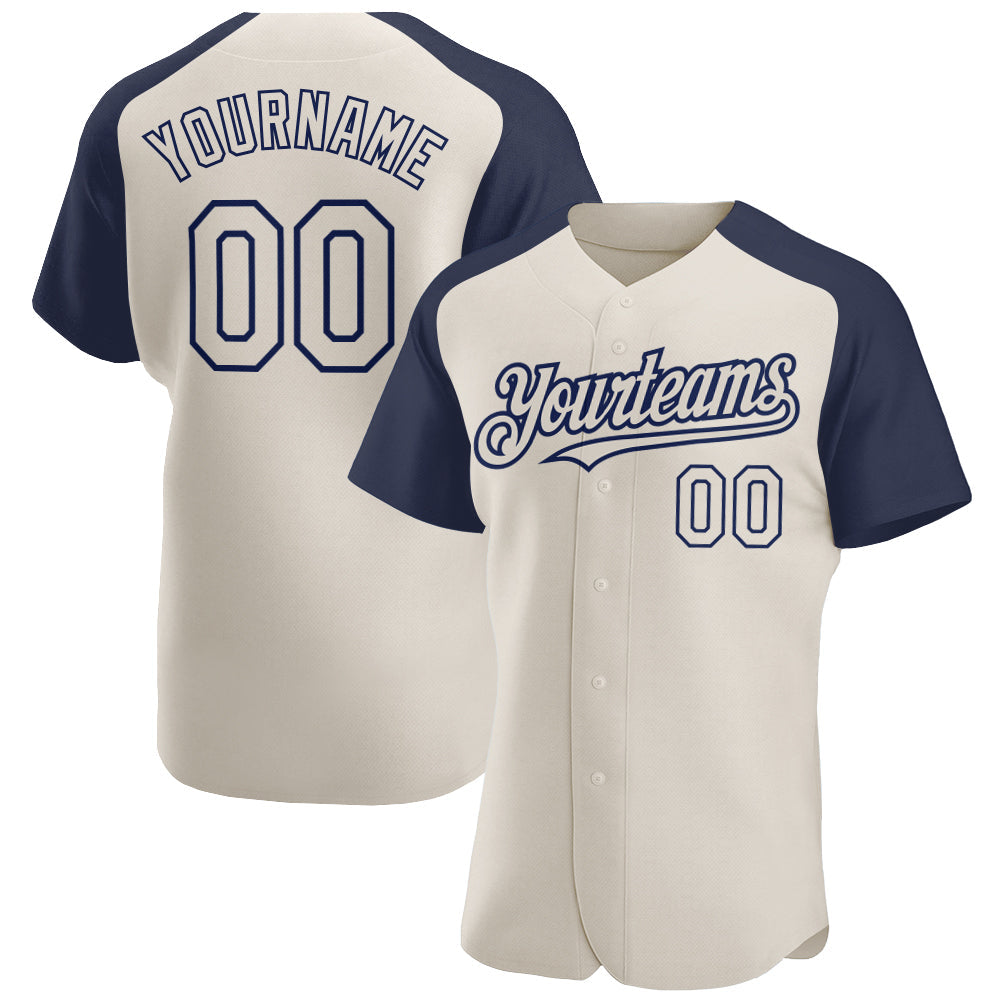 Custom Cream Navy Authentic Raglan Sleeves Baseball Jersey baseball jersey product view 1