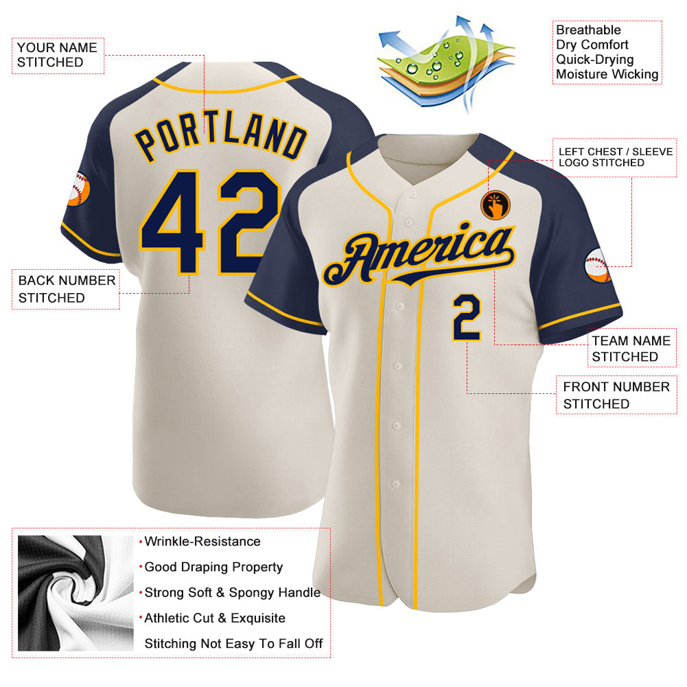 Custom Cream Navy-Gold Authentic Raglan Sleeves Baseball Jersey baseball jersey product view 3