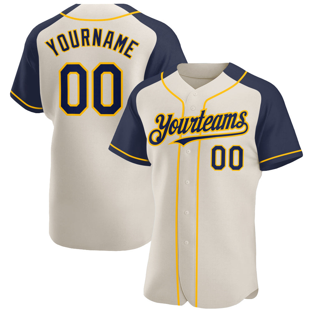 Custom Cream Navy-Gold Authentic Raglan Sleeves Baseball Jersey baseball jersey product view 1