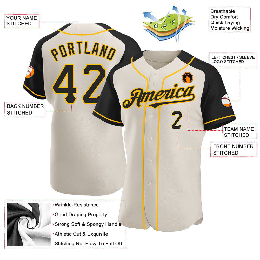 Custom Cream Black-Gold Authentic Raglan Sleeves Baseball Jersey baseball jersey product view 3