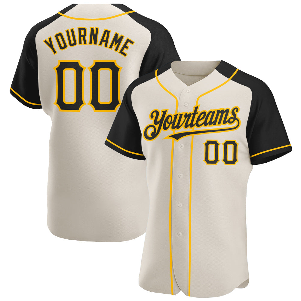 Custom Cream Black-Gold Authentic Raglan Sleeves Baseball Jersey baseball jersey product view 1