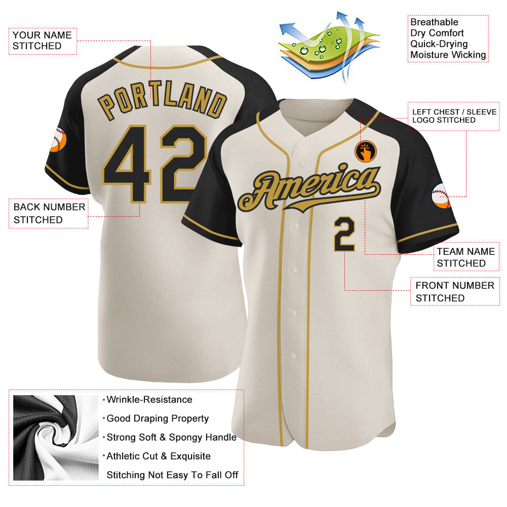 Custom Cream Black-Old Gold Authentic Raglan Sleeves Baseball Jersey baseball jersey product view 3