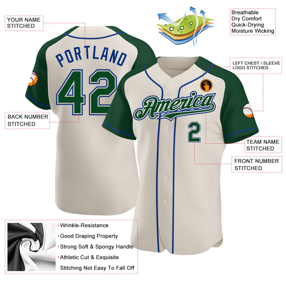 Custom Cream Green-Royal Authentic Raglan Sleeves Baseball Jersey baseball jersey product view 3