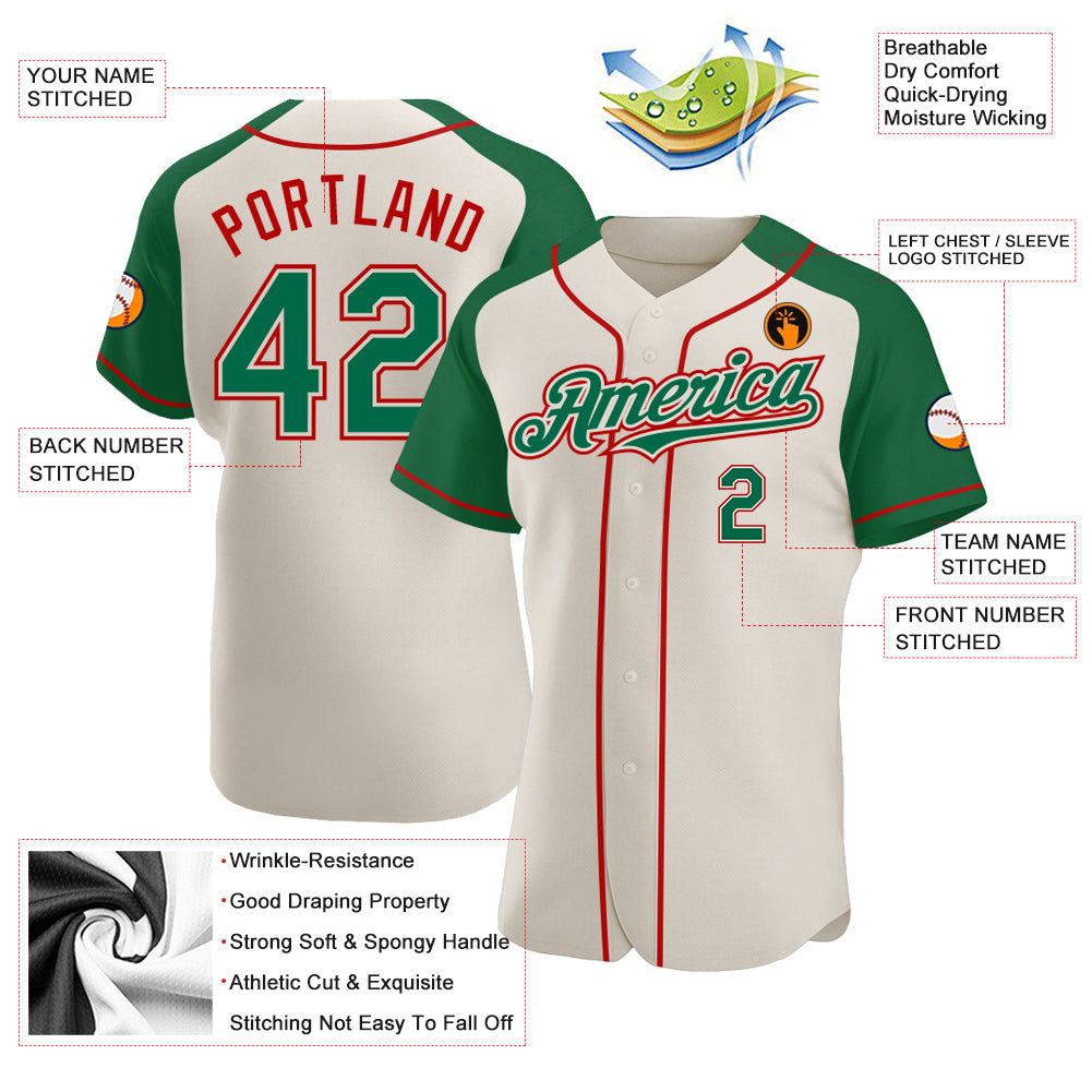 Custom Cream Kelly Green-Red Authentic Raglan Sleeves Baseball Jersey baseball jersey product view 3