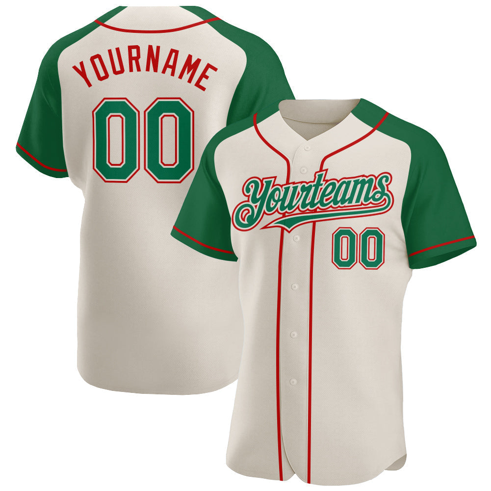 Custom Cream Kelly Green-Red Authentic Raglan Sleeves Baseball Jersey baseball jersey product view 1