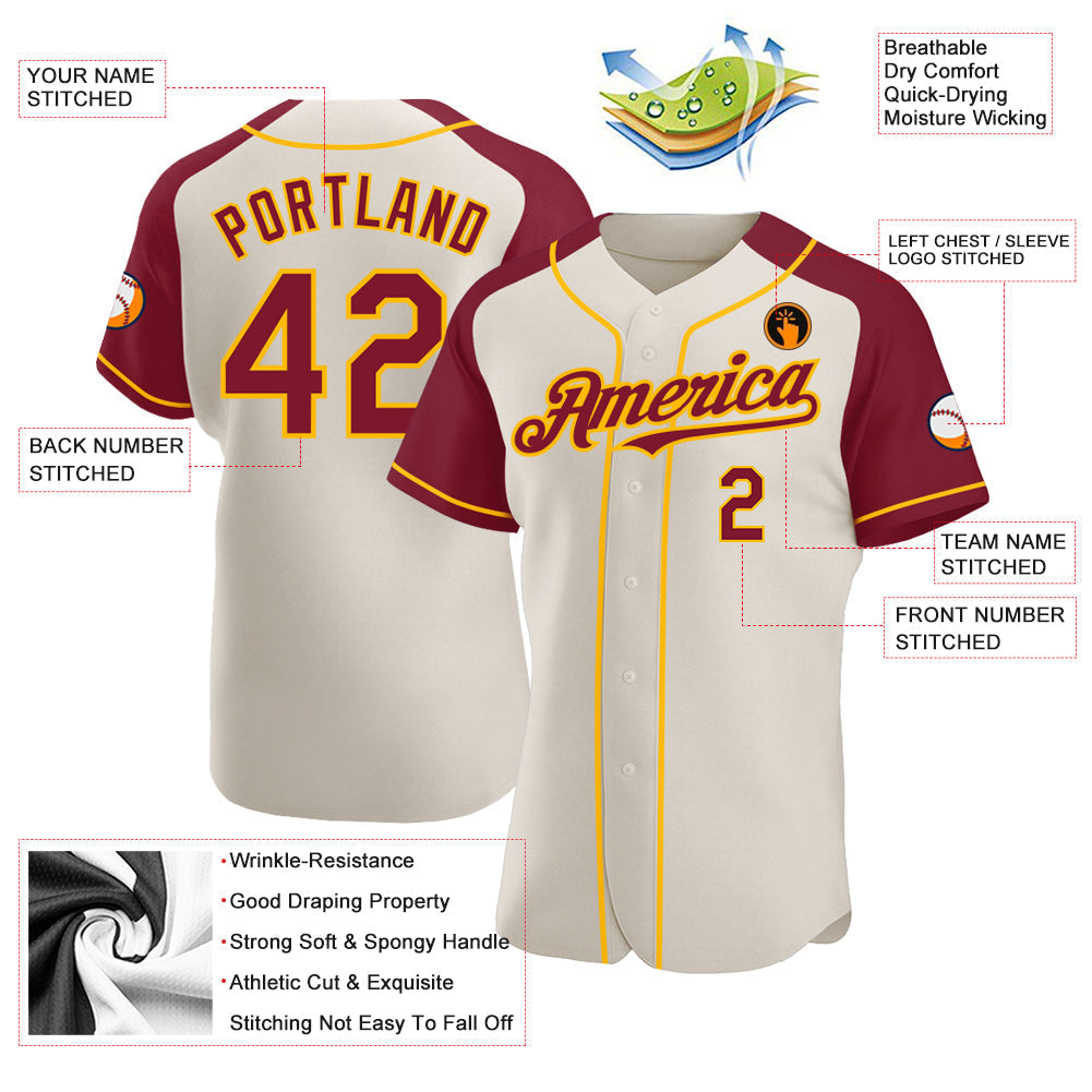 Custom Cream Crimson-Gold Authentic Raglan Sleeves Baseball Jersey baseball jersey product view 3